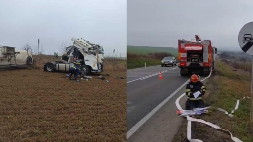 alerta in judetul vaslui o cisterna incarcata cu 25 de tone de motorina s a rasturnat intre husi si albita 694284d831b6d